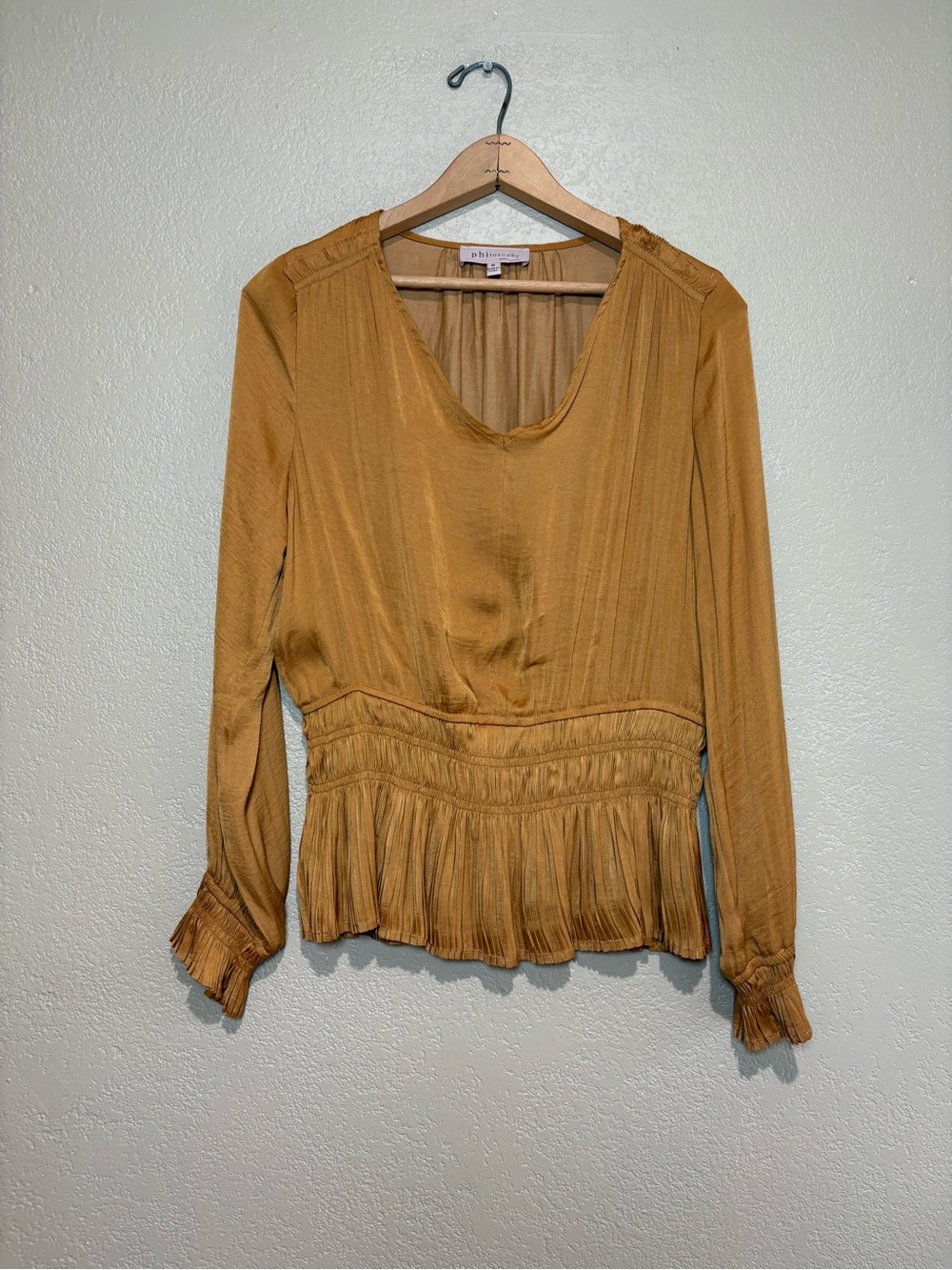 Philosophy Burnt Orange Gold Long Sleeve Pleated Waist Blouse Size M